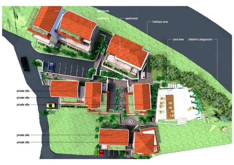 Master plan of the residential complex in Stoliv, Montenegro: villas, apartments, swimming pool, barbecue area, and playground.