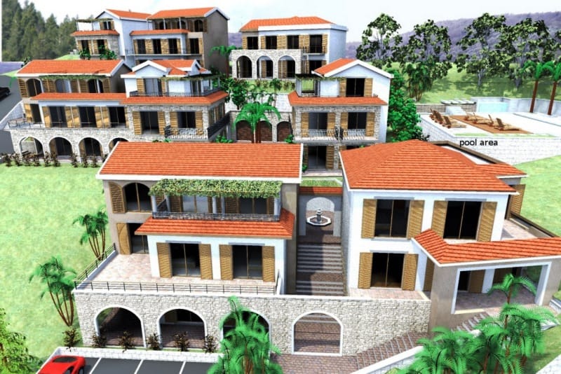 3D visualization of a Mediterranean-style villa complex with a pool and terraces, Stoliv, Montenegro.
