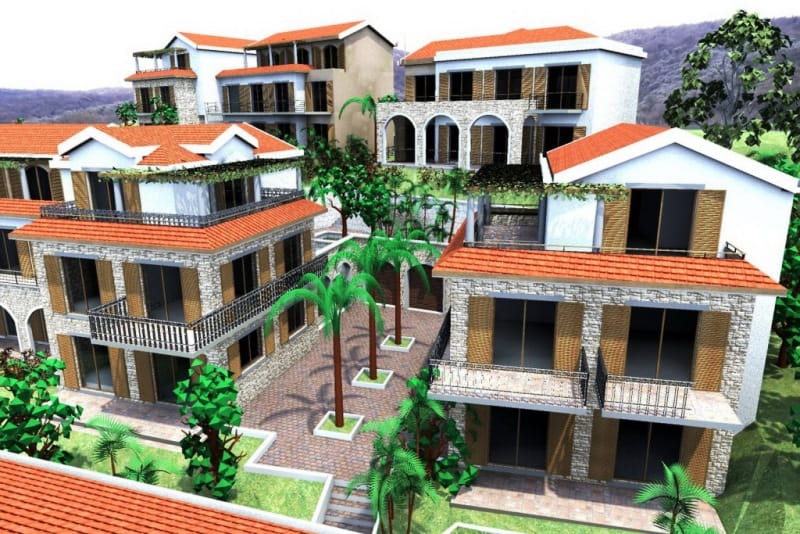3D visualization of a Mediterranean-style villa complex with stone finishes and tile roofs in Stoliv, Montenegro.