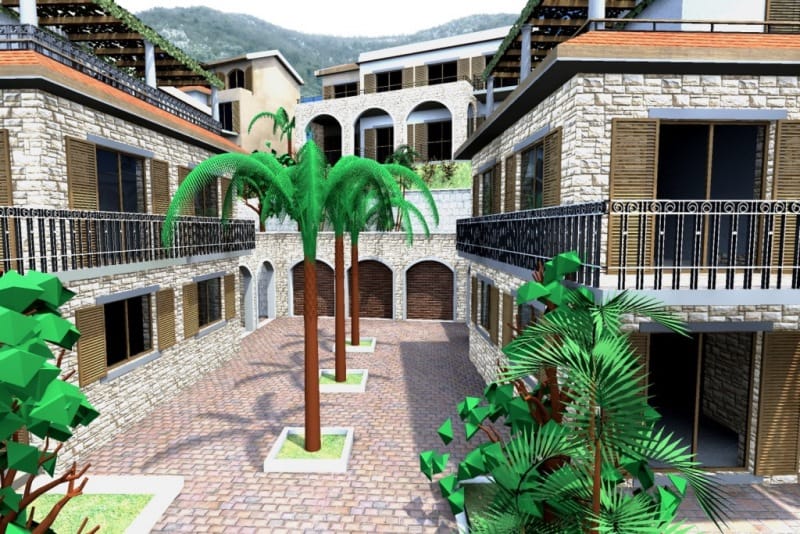3D visualization of a stone residential complex with palm trees and terraces in Stoliv, Montenegro.