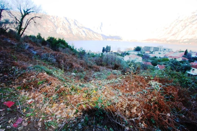 Building plot in Stoliv, Montenegro, with panoramic views of the Bay of Kotor and the mountain landscape.
