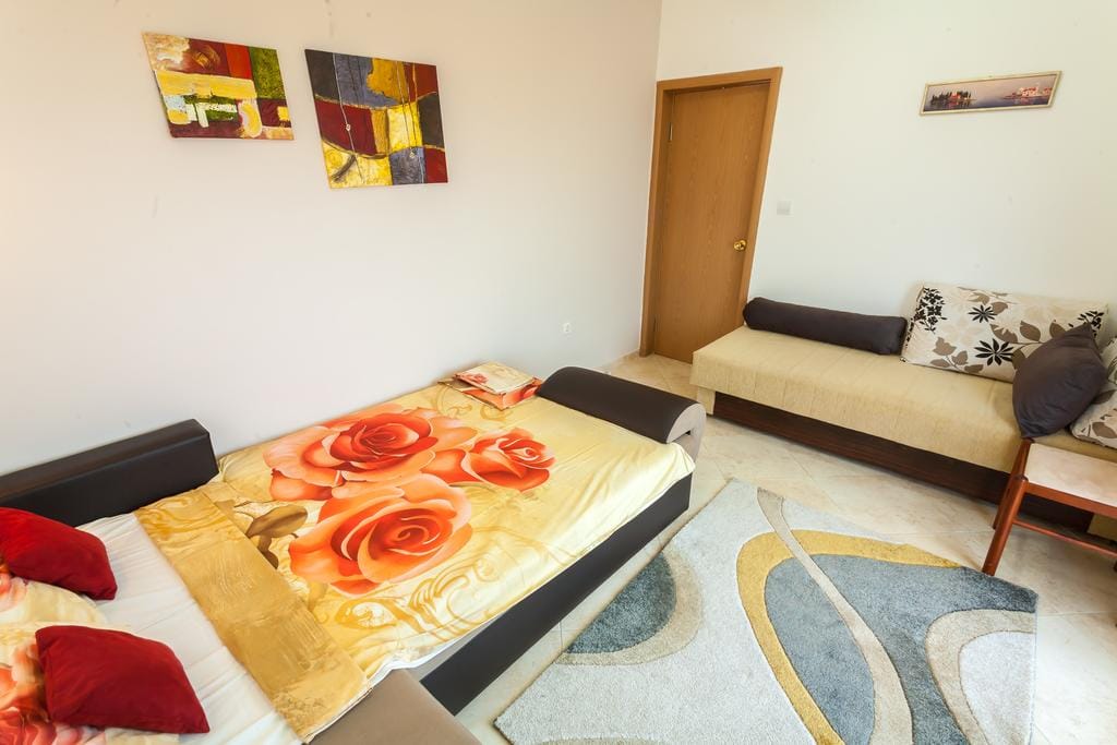 Living room with two sofas and a rug in a house for sale in Krimovice, Montenegro. Bright interior with paintings on the walls.