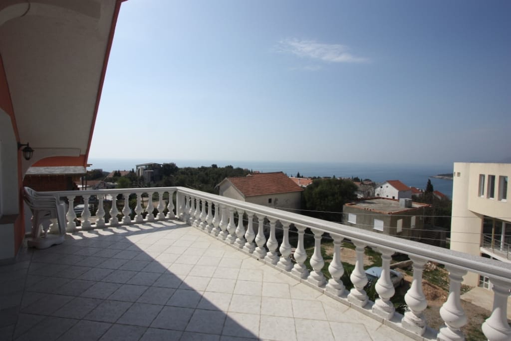 Spacious terrace with a balustrade and panoramic sea view in a house, Utjeha, Montenegro.