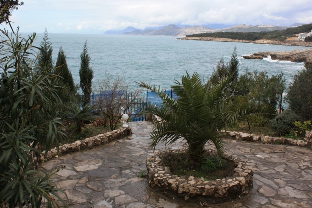 Sea view and rocky shore from the house terrace in Utjeha, Montenegro: stone path, palm tree, and landscaping.