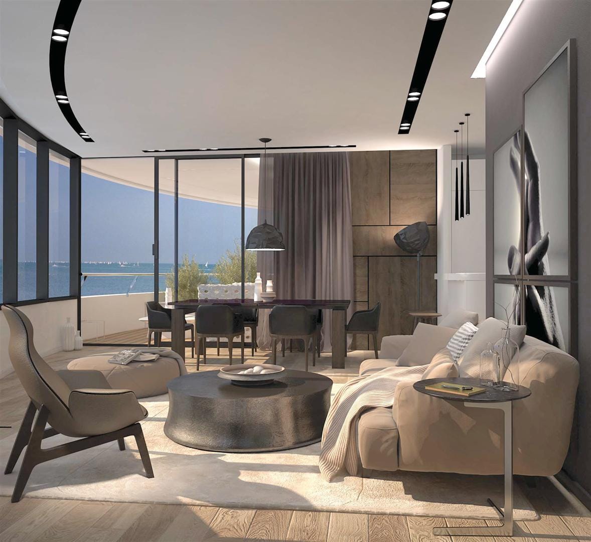 Modern living room in an apartment in Budva, Montenegro: panoramic sea view, designer furniture, and stylish interior.