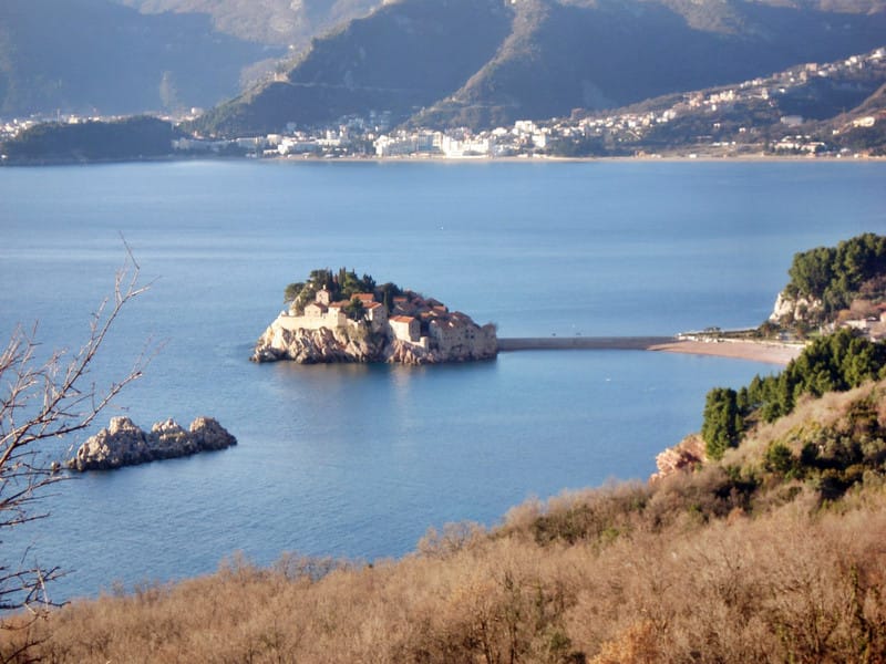 Panoramic view of Sveti Stefan Island and the Adriatic Sea from a house in Montenegro, Budva Riviera.
