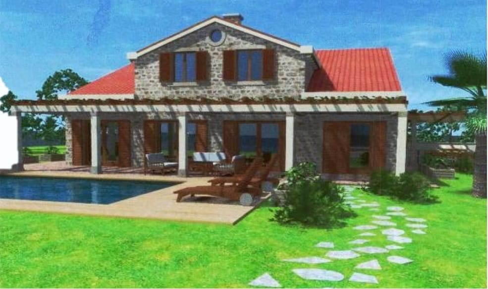 Project of a stone villa with a pool and terrace in Đenovići, Montenegro: exterior of the house with a red tiled roof.