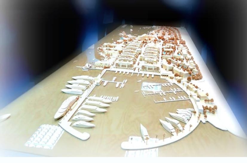 Architectural model of a luxury residential complex with a yacht marina in Đenovići, Montenegro: view of the development project.