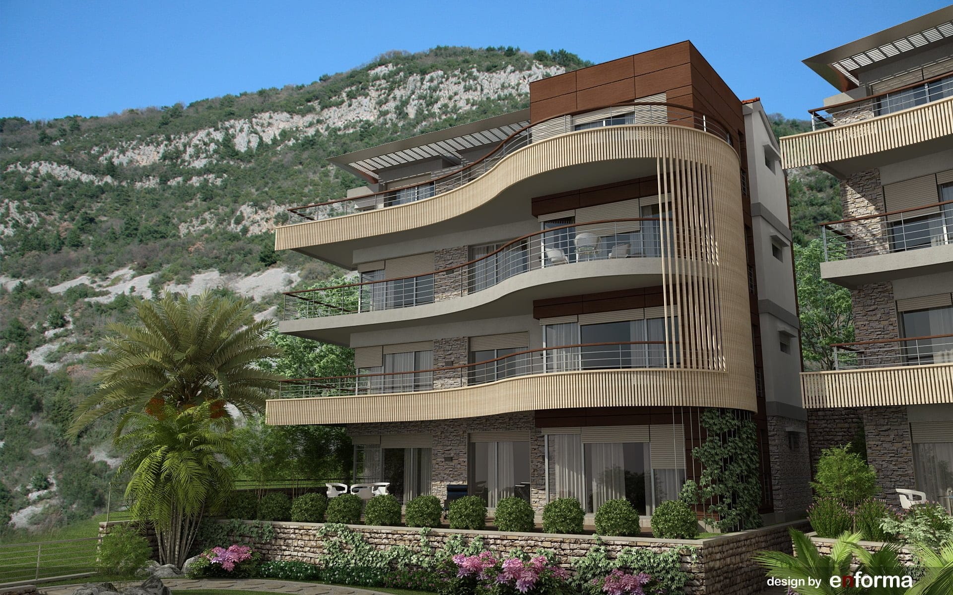 Modern residential complex with terraces in Kavac, Montenegro: facade finished with stone and wood against a mountain backdrop.