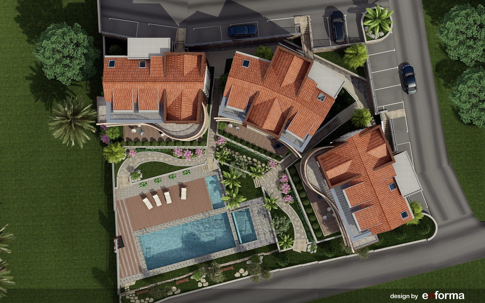 Aerial view of a residential complex with a pool and terraces in Kavac, Montenegro: modern villas with tiled roofs.