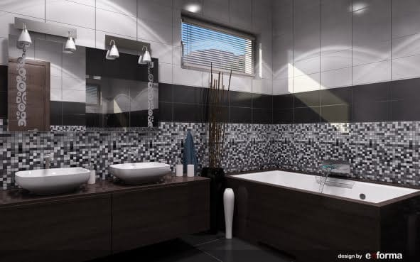 Modern bathroom with mosaic tiles and two sinks in an apartment in Kavac, Montenegro.