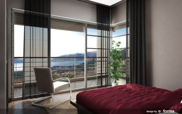 Bedroom in an apartment in Kavac, Montenegro: panoramic windows with sea view, modern furniture, and a terrace.