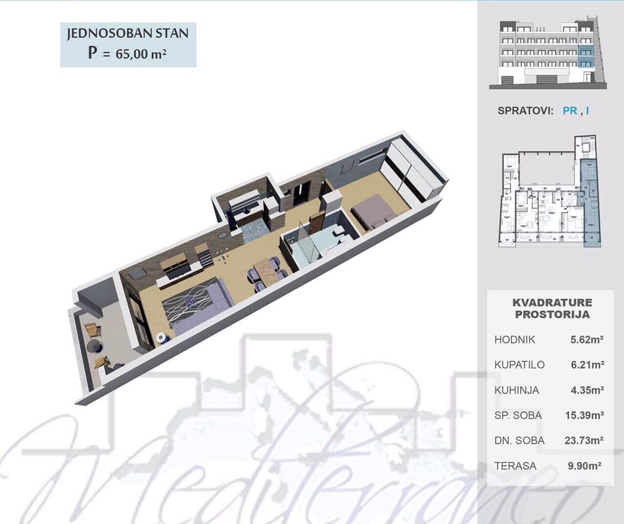 3D floor plan of a 65 m² apartment in a residential complex, Ulcinj, Montenegro: living room, bedroom, kitchen, and terrace.