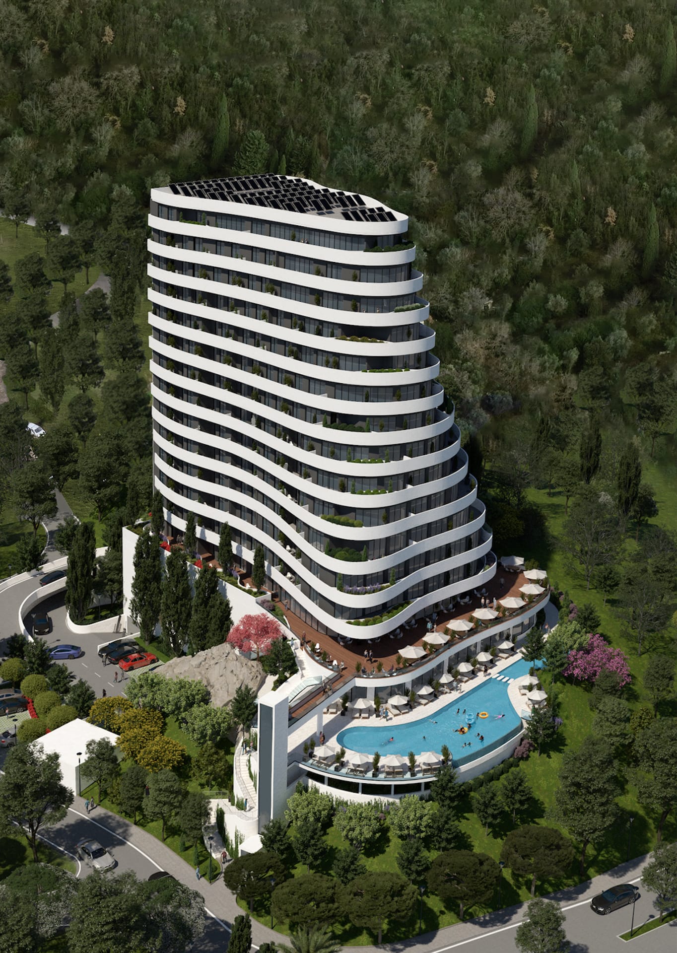 Modern residential complex in Rafailovići, Montenegro: panoramic view of the building with a swimming pool and terrace in the forest.