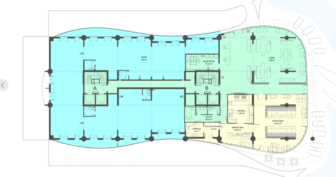 Floor plan of the residential complex in Rafailovići, Montenegro: lobby, restaurant, kitchen, and retail spaces.