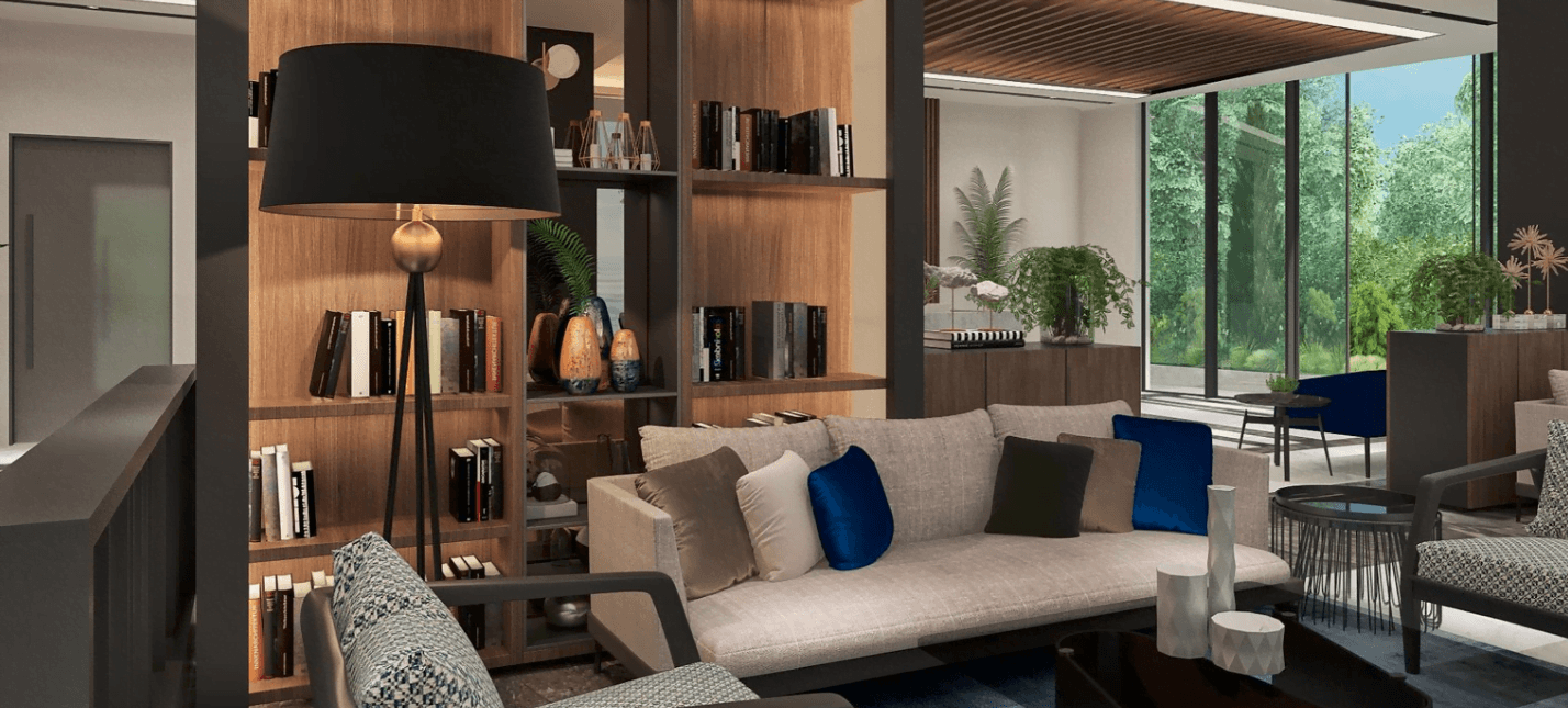 Modern living room with a library in a residential complex in Bečići, Montenegro: designer furniture, panoramic windows, and a stylish interior.