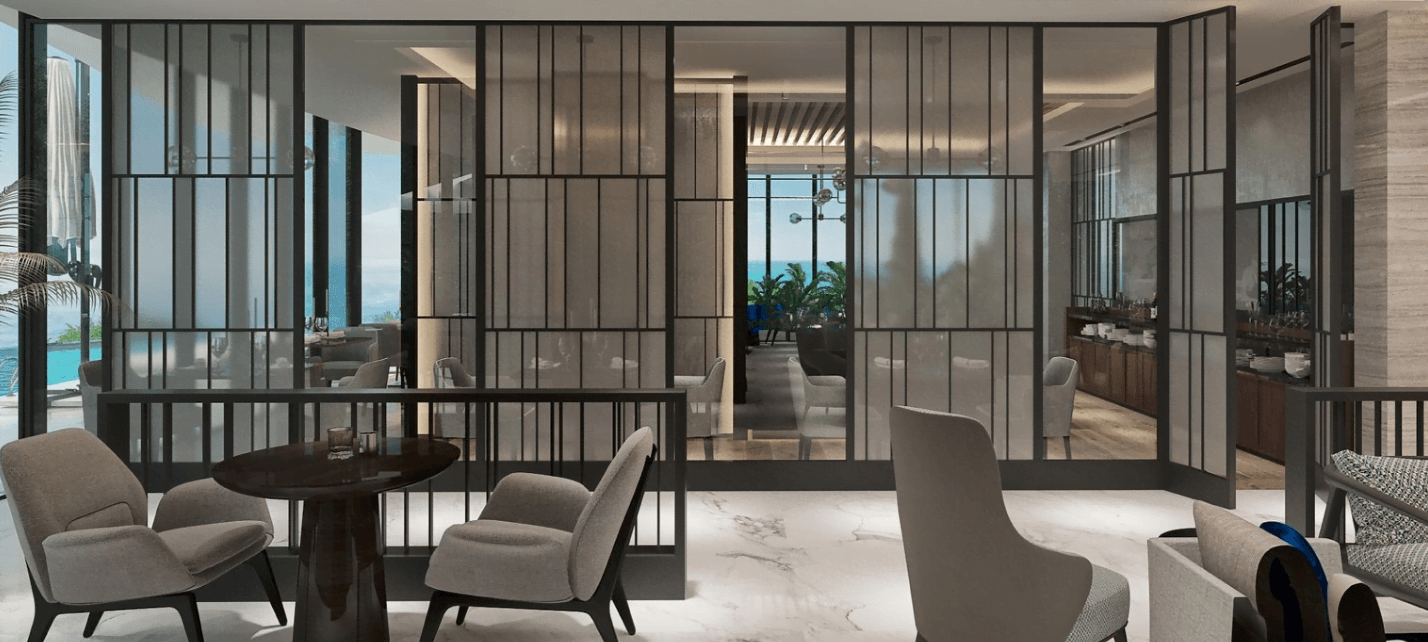 Stylish living room with panoramic windows and glass partitions in a residential complex, Rafailovići, Montenegro.