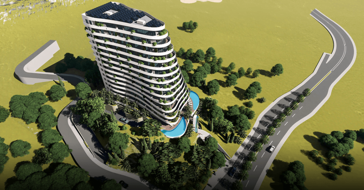 Visualization of a modern residential complex with a swimming pool and terraces in Rafailovići, Montenegro, bird’s-eye view.
