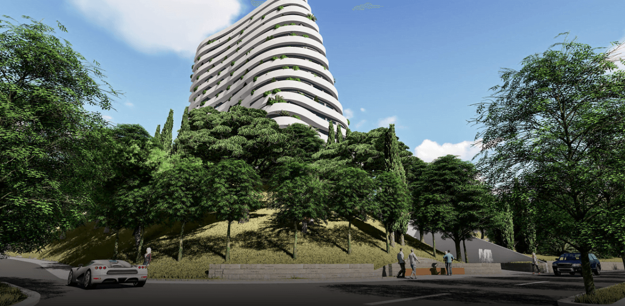 Modern residential complex with terraces surrounded by greenery, Rafailovići, Montenegro — exterior view of the building.