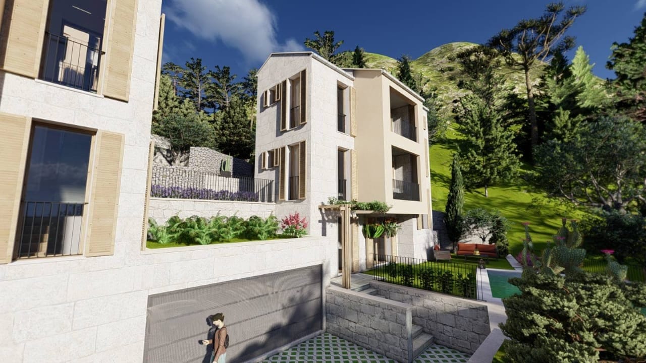 Modern villa with a pool and terrace in Kamenovo, Montenegro: house project surrounded by mountains and greenery.