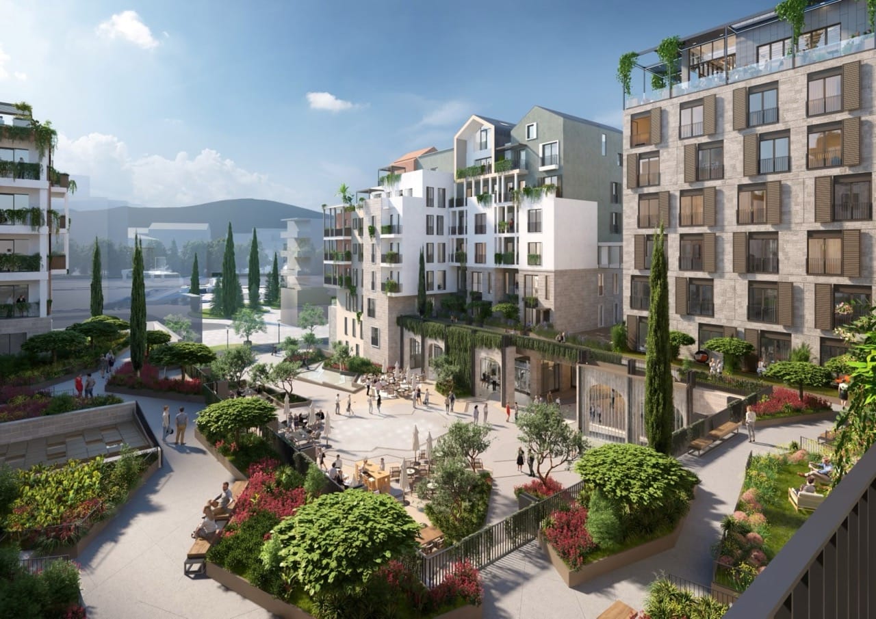 Modern residential complex in Porto Montenegro, Tivat: landscaped grounds with a garden and walking area, Montenegro