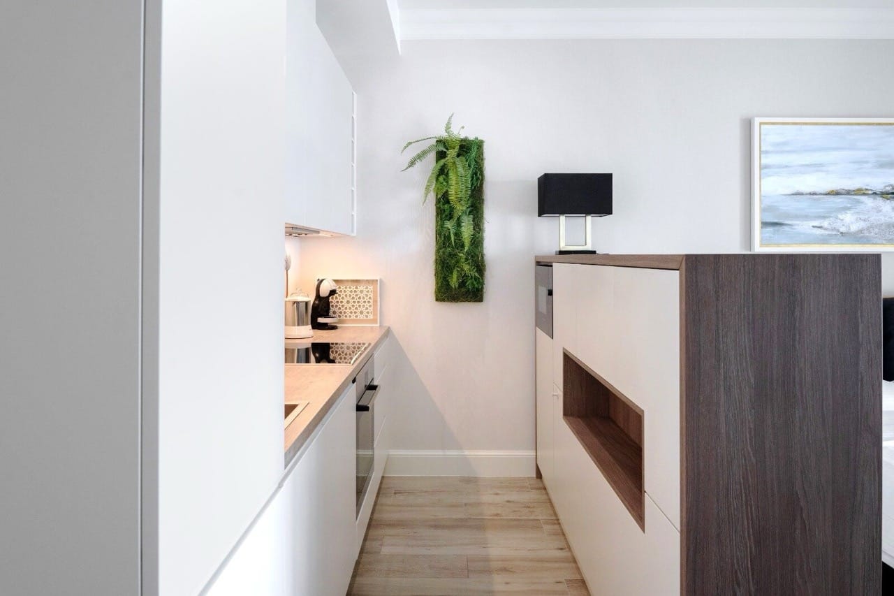 Modern kitchen in an apartment in Luštica Bay, Radovići, Montenegro: white cabinets, wooden countertop, and moss decor.