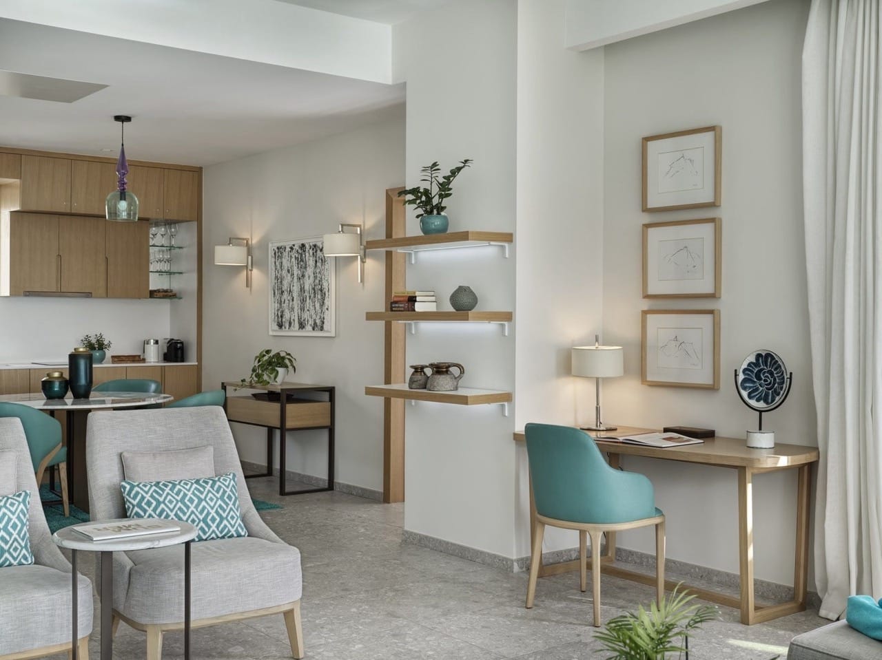 Modern living room with a workspace in an apartment in Luštica Bay, Radovići, Montenegro: stylish furniture and decor.
