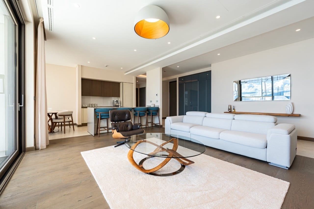 Modern living room with kitchen in an apartment in Portonovi, Kumbor, Montenegro: stylish furniture, panoramic windows, and decor.
