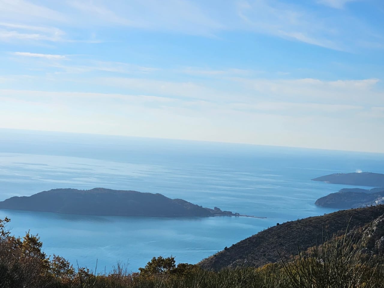 Panoramic view of the Adriatic Sea and St. Nicholas Island from a plot of land in Kuljače, Budva Riviera, Montenegro