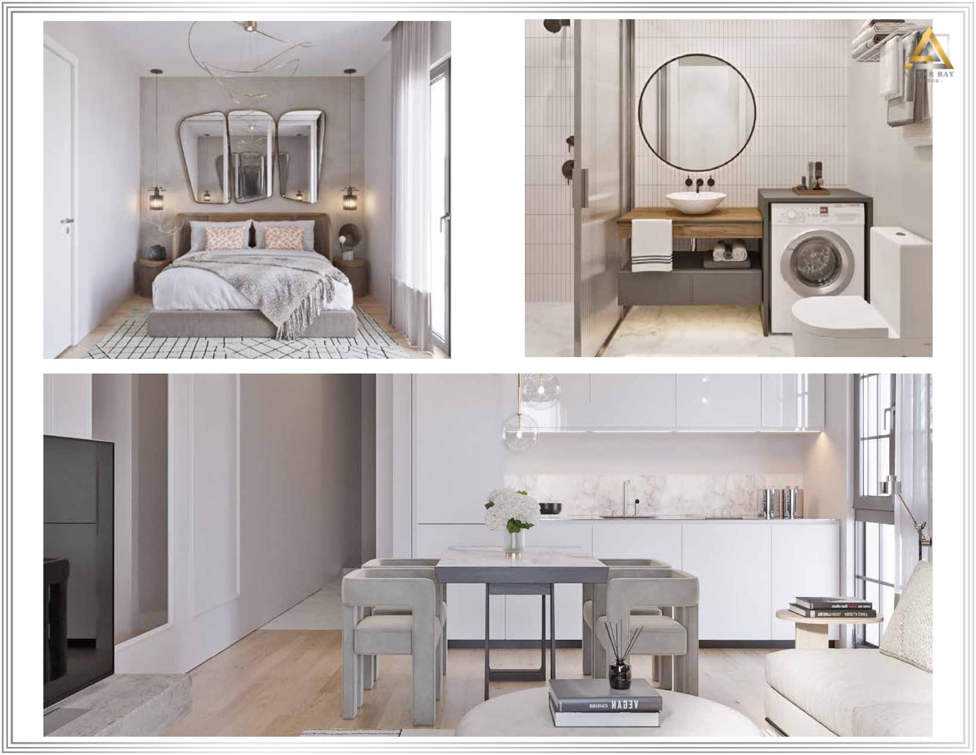 Interior of a modern apartment in Prčanj, Montenegro: a stylish bedroom, bathroom, and bright kitchen-living room.