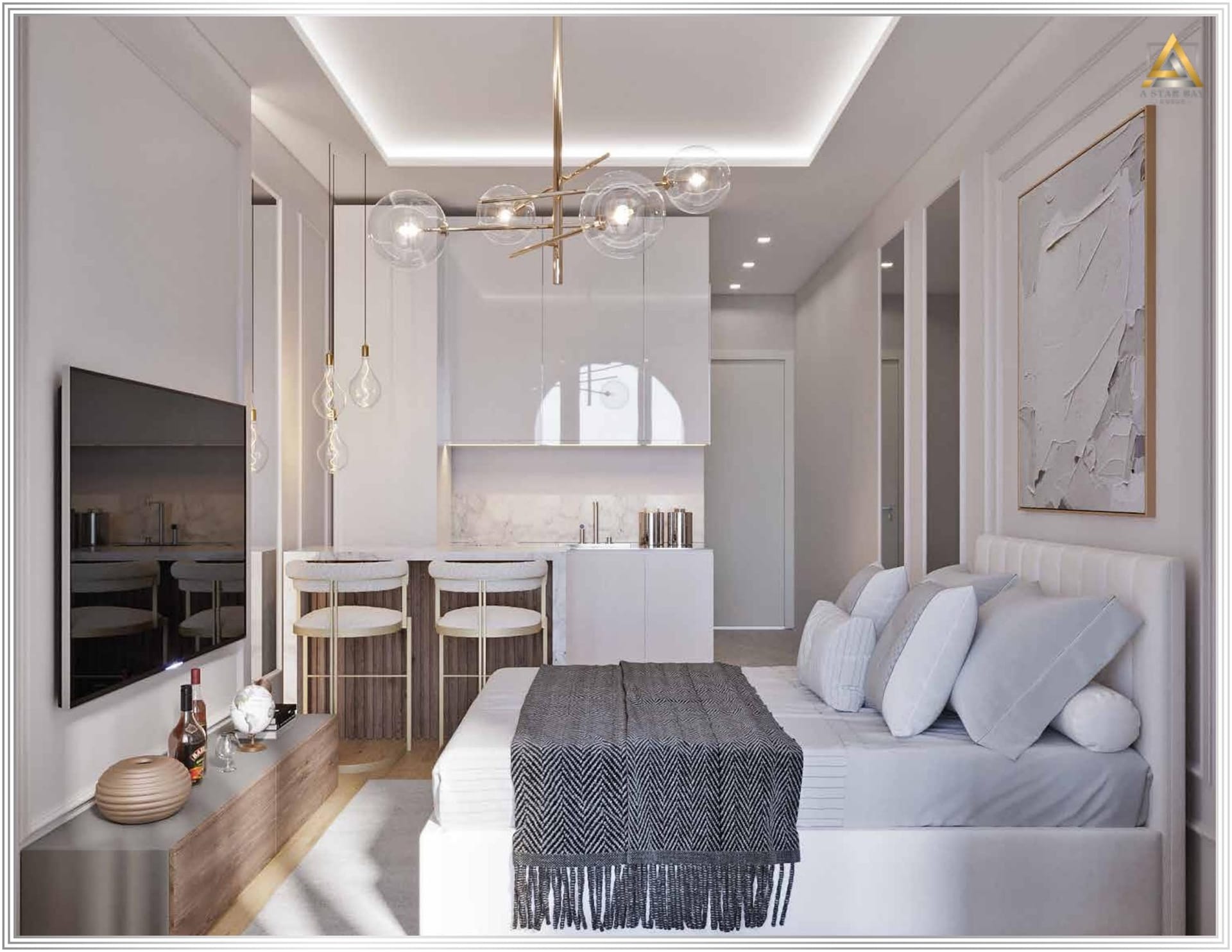Modern bedroom with kitchen in an apartment, Prčanj, Montenegro: stylish interior, double bed, and breakfast bar.