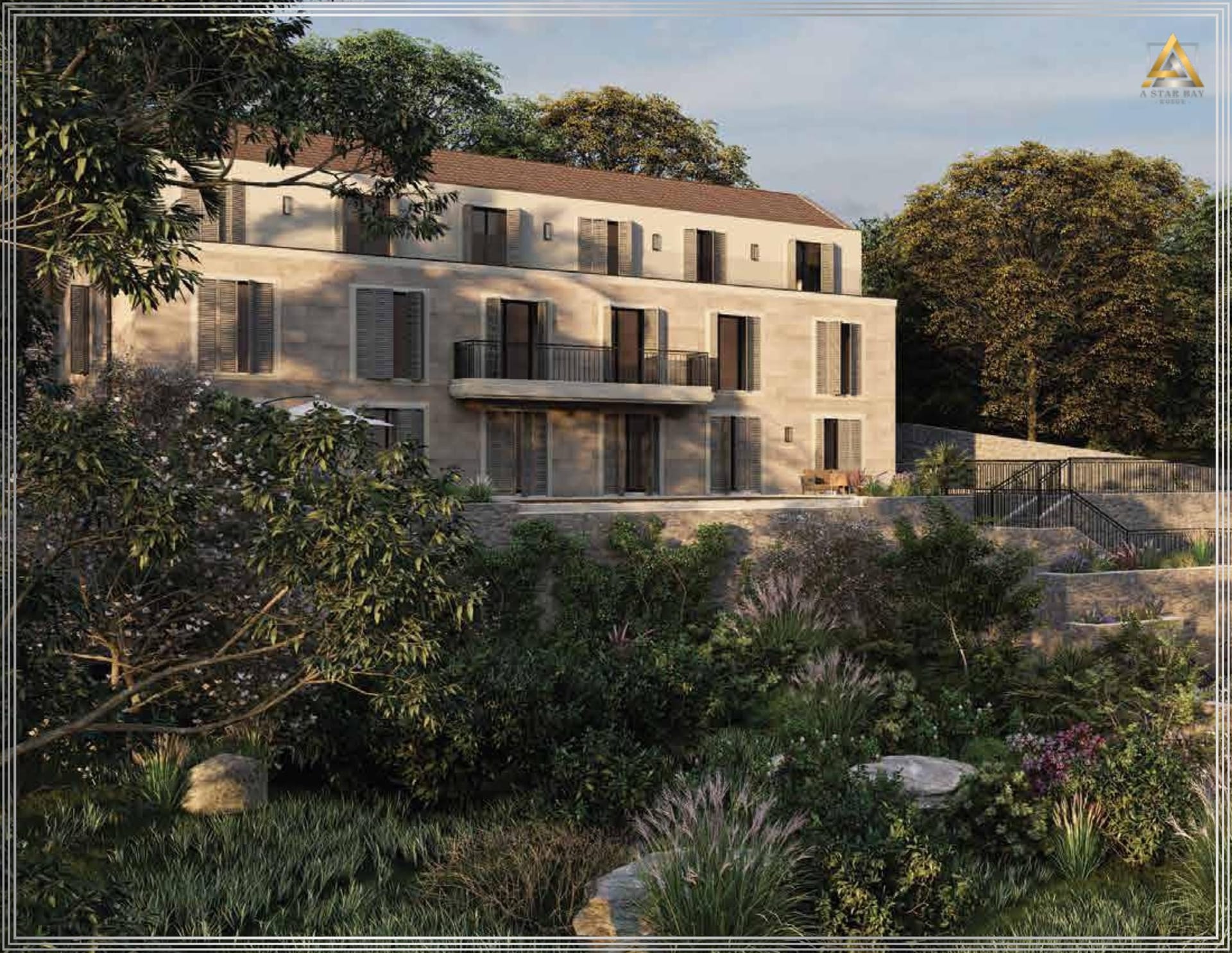 Facade of a modern stone villa with terraces and a garden in Prčanj, Montenegro — luxury seaside property.