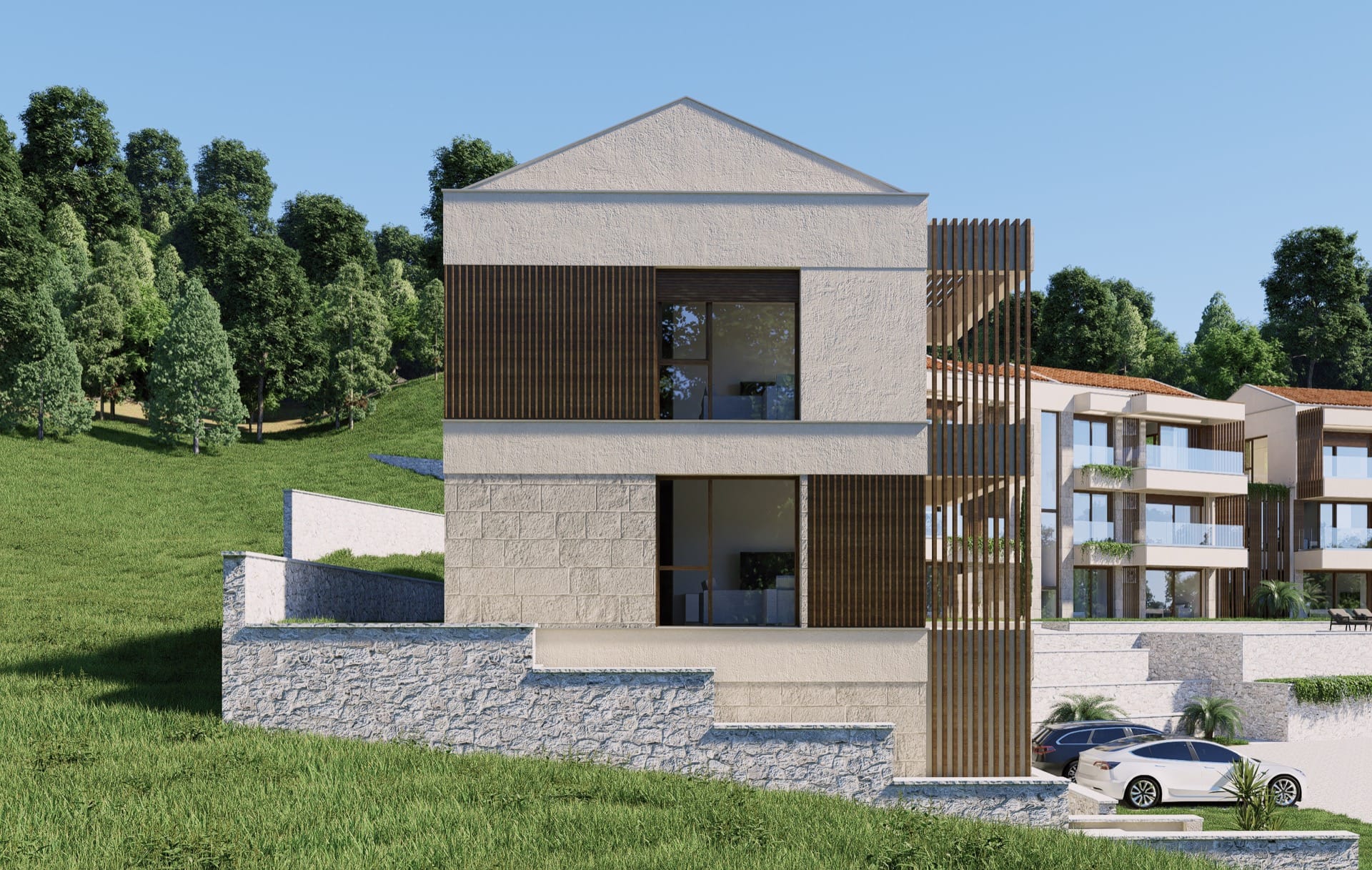 Modern villa with panoramic windows and stone cladding in Blizikuće, Montenegro, against a green hillside.