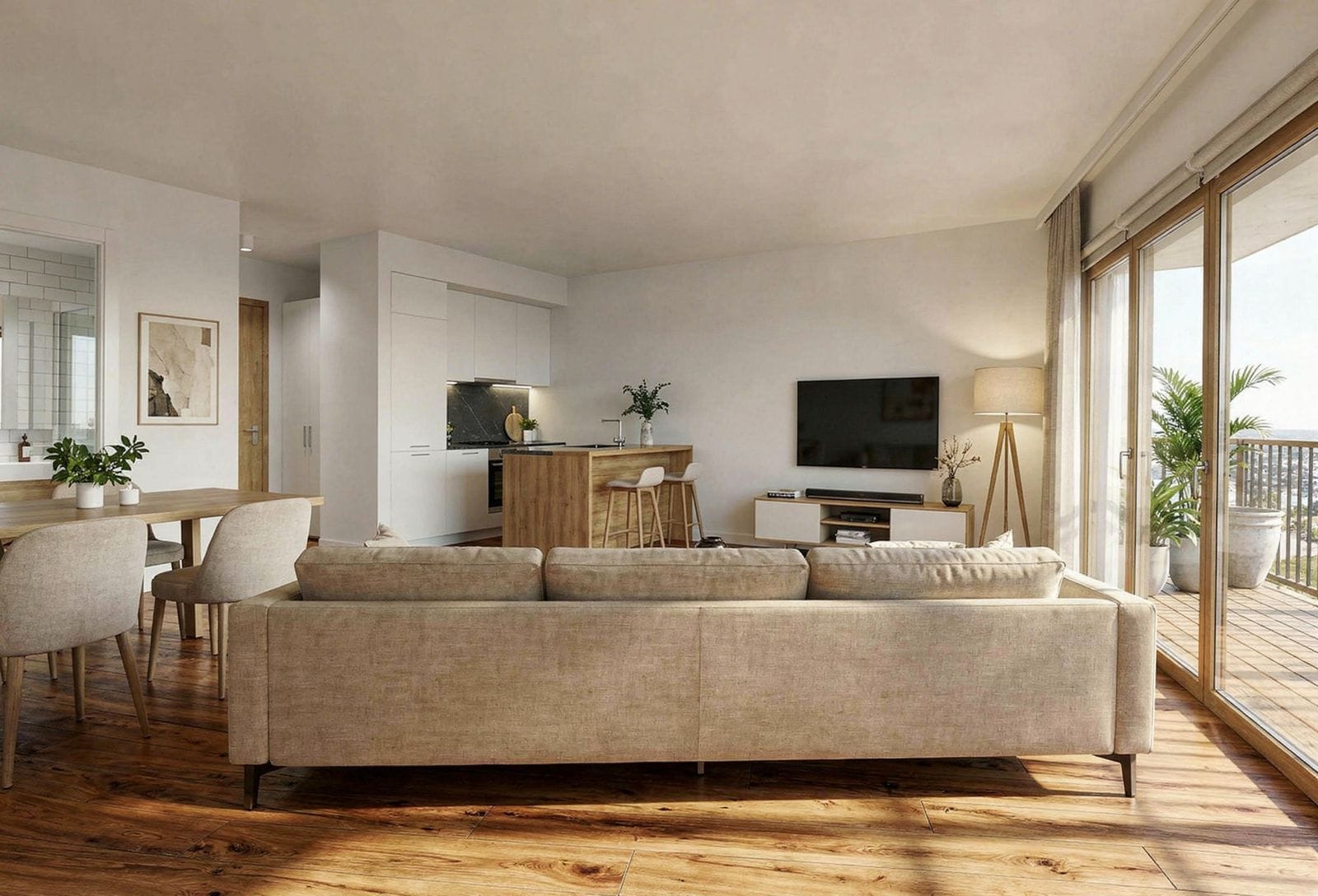 Modern living room with kitchen in an apartment in Bečići, Montenegro: bright interior, terrace, and wooden flooring.