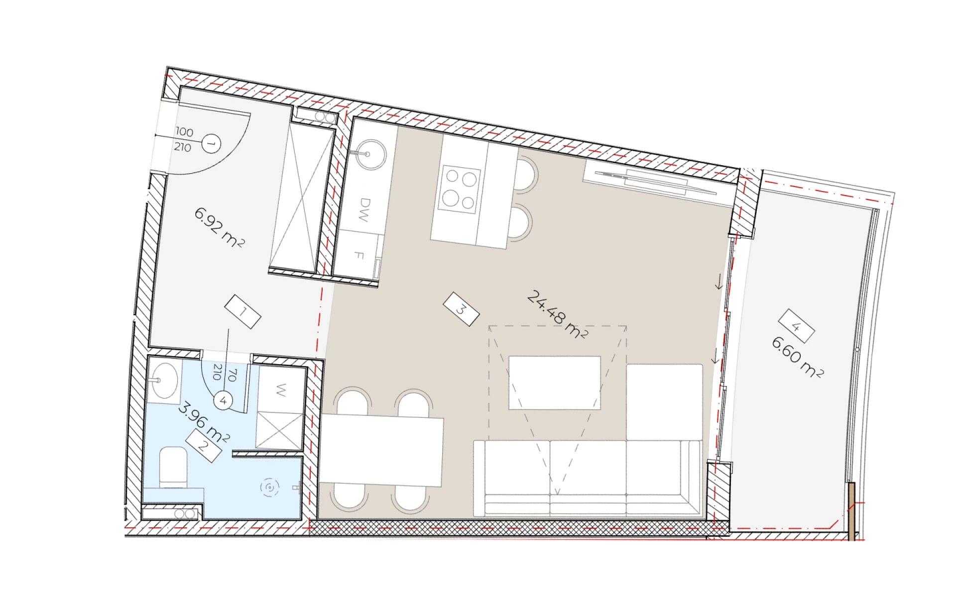 Apartment layout in Becici, Montenegro: living room with kitchen, bedroom, bathroom, and a 6.6 m2 terrace.