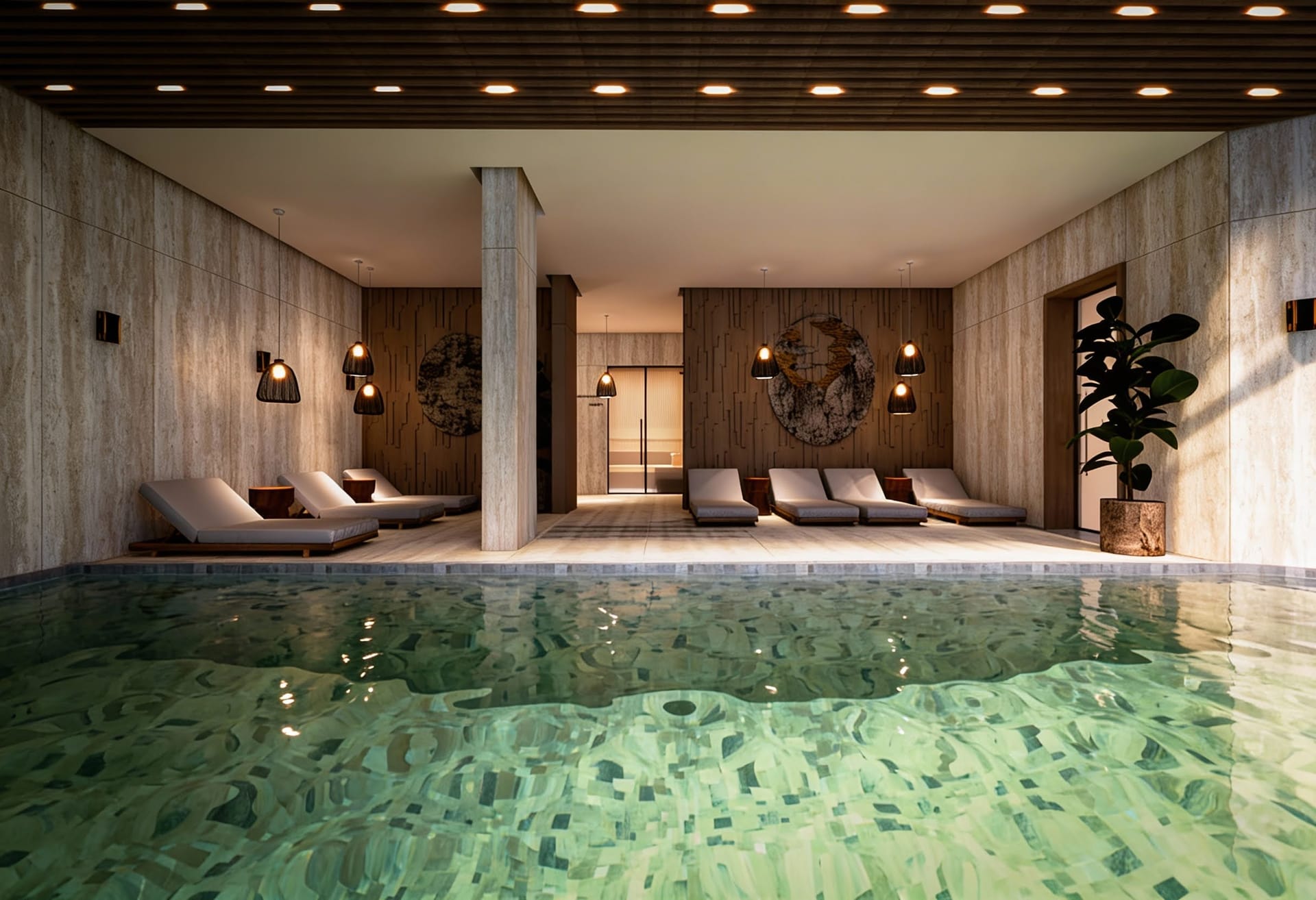 Indoor pool and lounge area with sun loungers in luxury apartments, Kolašin, Montenegro: modern design and finishes.
