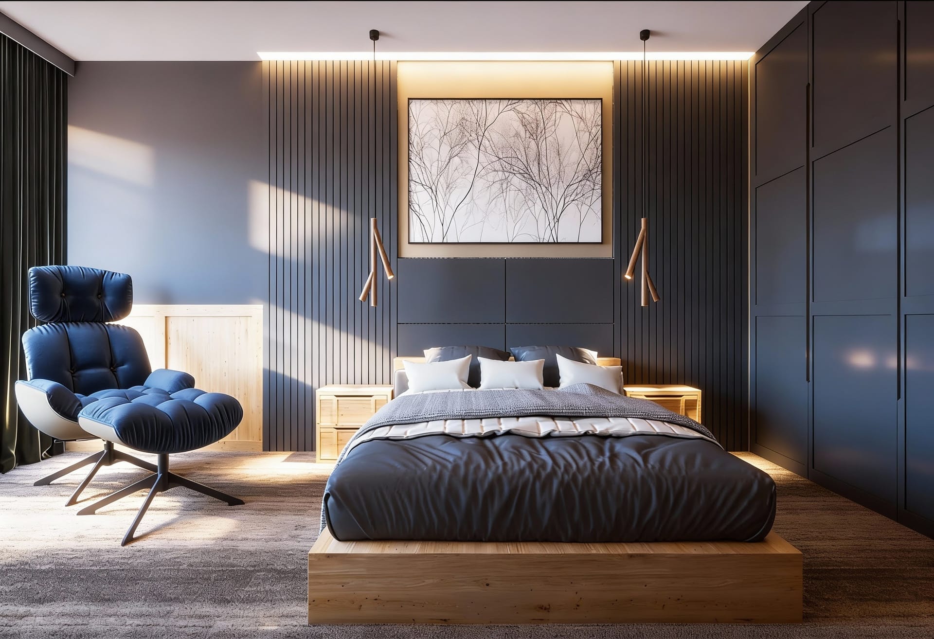 Modern bedroom in an apartment in Kolašin, Montenegro: a double bed, a blue armchair, and stylish wood finishes.