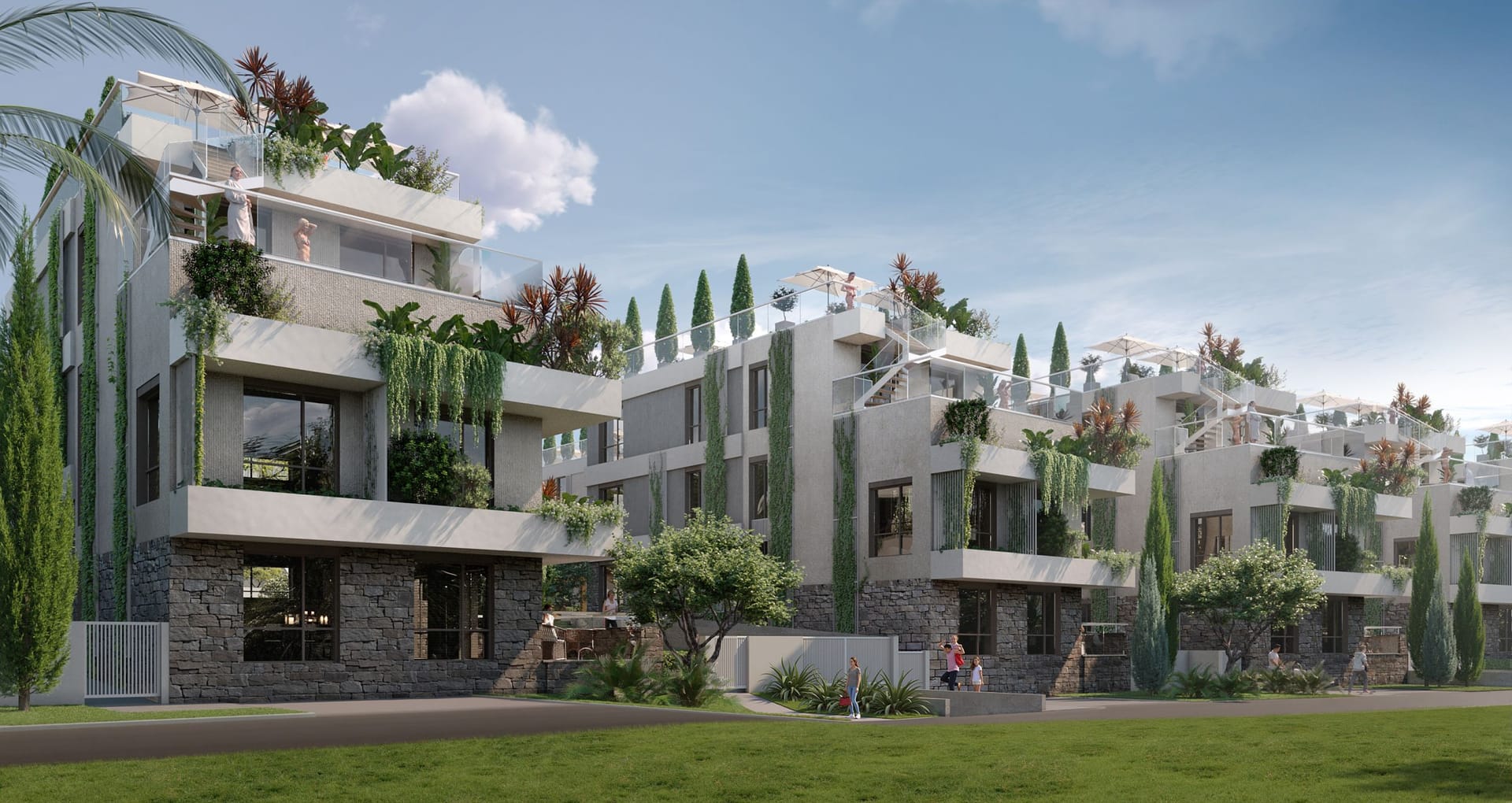 Modern residential complex in Tivat, Montenegro: landscaped terraces, stone facade finish, and exterior view.