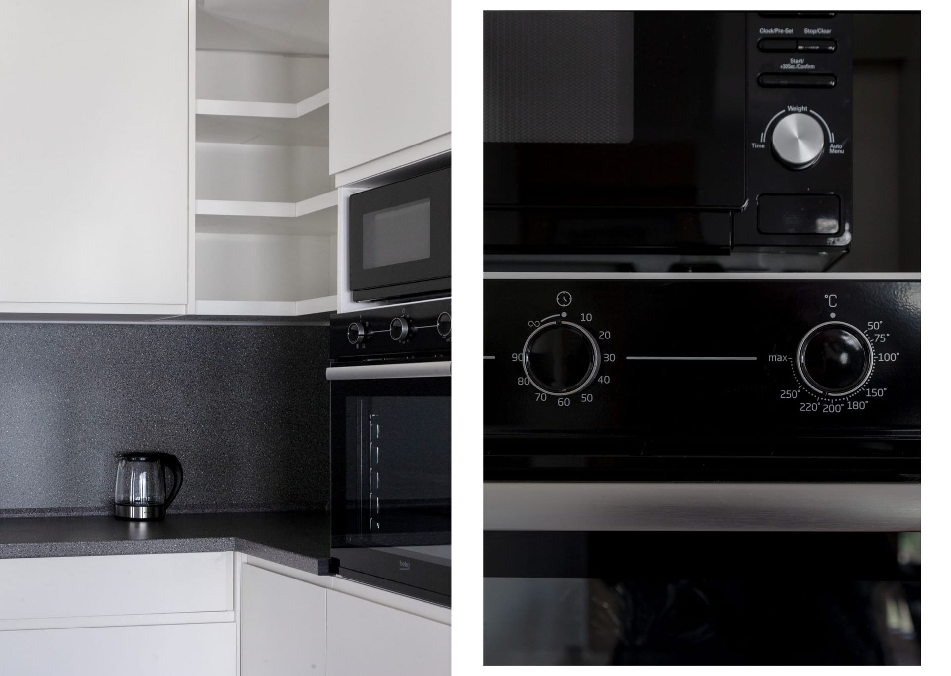 Modern kitchen in an apartment in Kotor, Montenegro: built-in Beko appliances, oven and microwave.