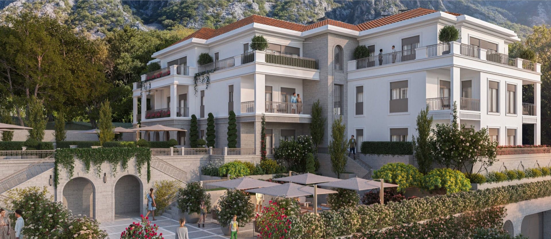 Luxury residential complex in Ljuta, Montenegro: a modern villa with terraces, a landscaped garden, and mountain views.