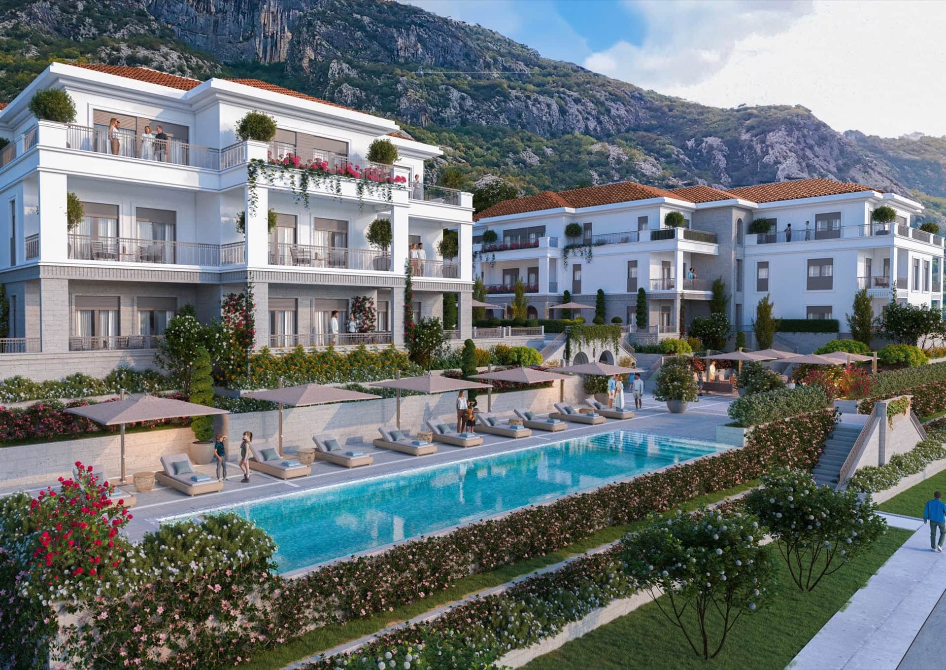 Residential complex in Ljuta, Montenegro: a modern villa with a pool, terraces, and mountain views in an upscale area.