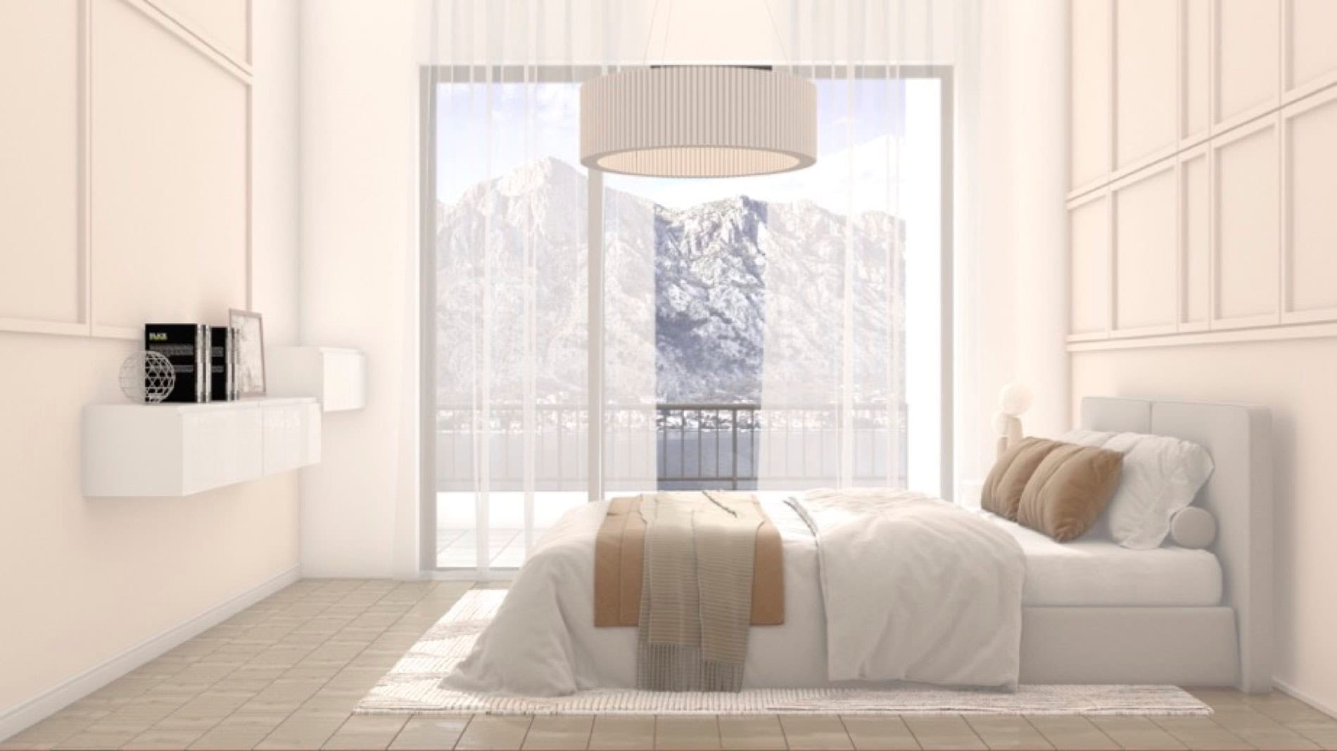Bright bedroom in the Muo residential complex, Montenegro: modern interior, double bed, and panoramic views of the mountains and sea.