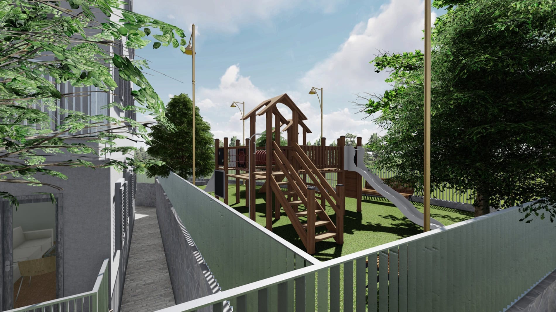 Children's playground with a wooden play structure in the courtyard of a residential complex in Risan, Montenegro.