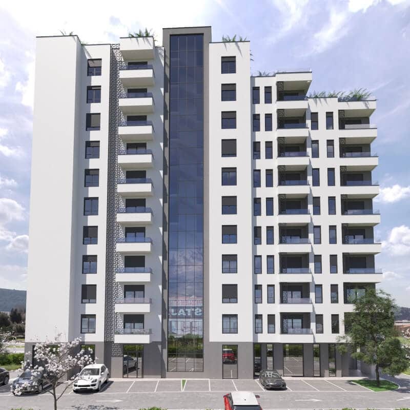 Modern residential complex with panoramic glazing and balconies in Bar, Montenegro. Facade of a new building.