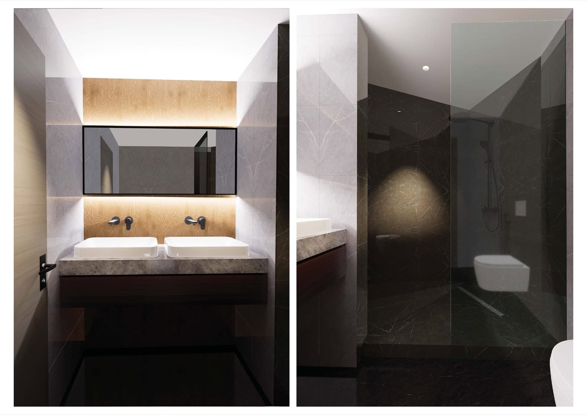 Modern bathroom with double sink and shower in a residential complex in Bečići, Montenegro: stone finishes and lighting.