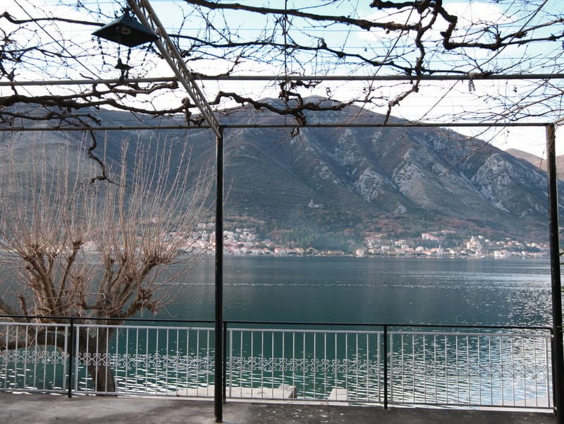 View from the terrace of a house in Dobrota, Montenegro: a panorama of the Bay of Kotor, mountains, and a grape pergola above the balcony.