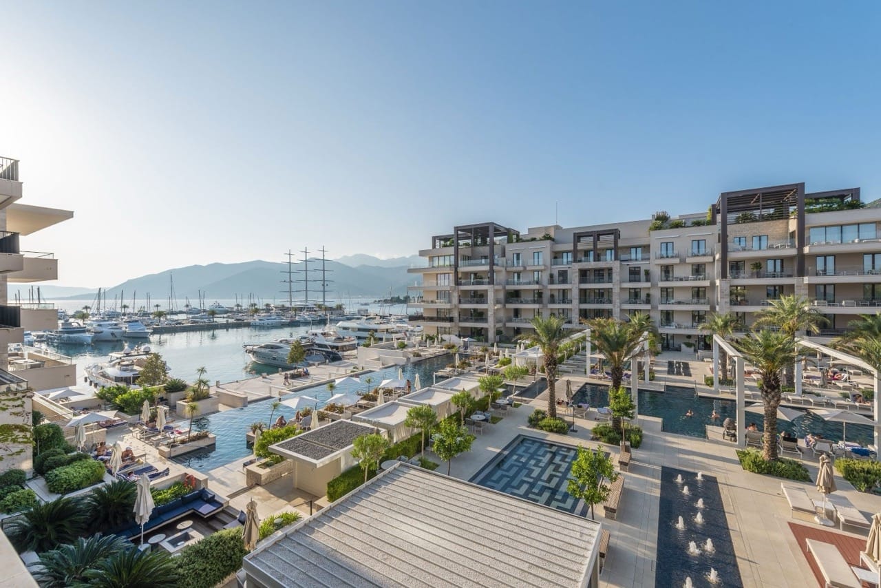 View of the pool and yacht marina in the luxury Porto Montenegro complex, Tivat, Montenegro.