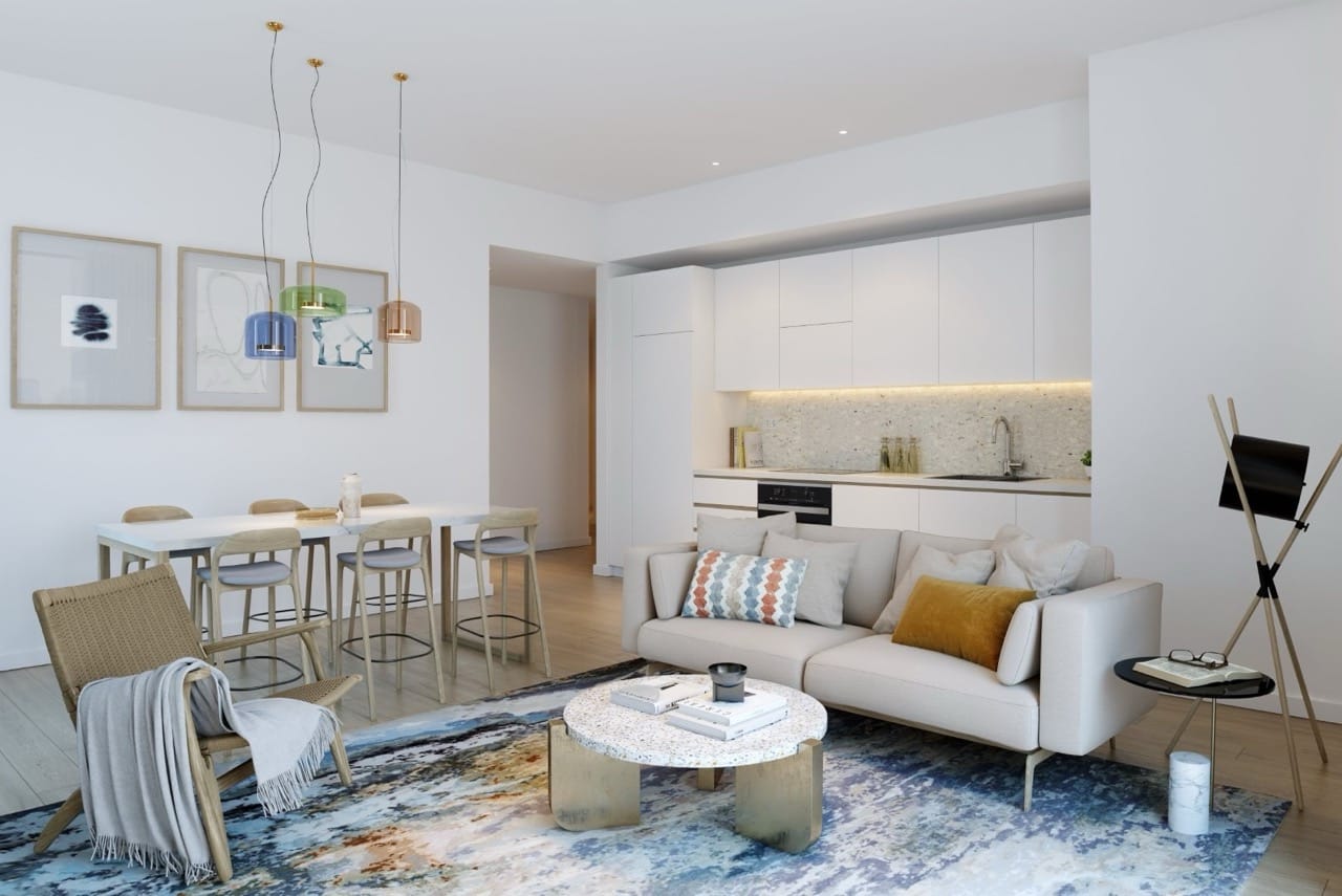 Modern living room with kitchen in an apartment in Porto Montenegro, Tivat, Montenegro: bright interior, designer furniture.