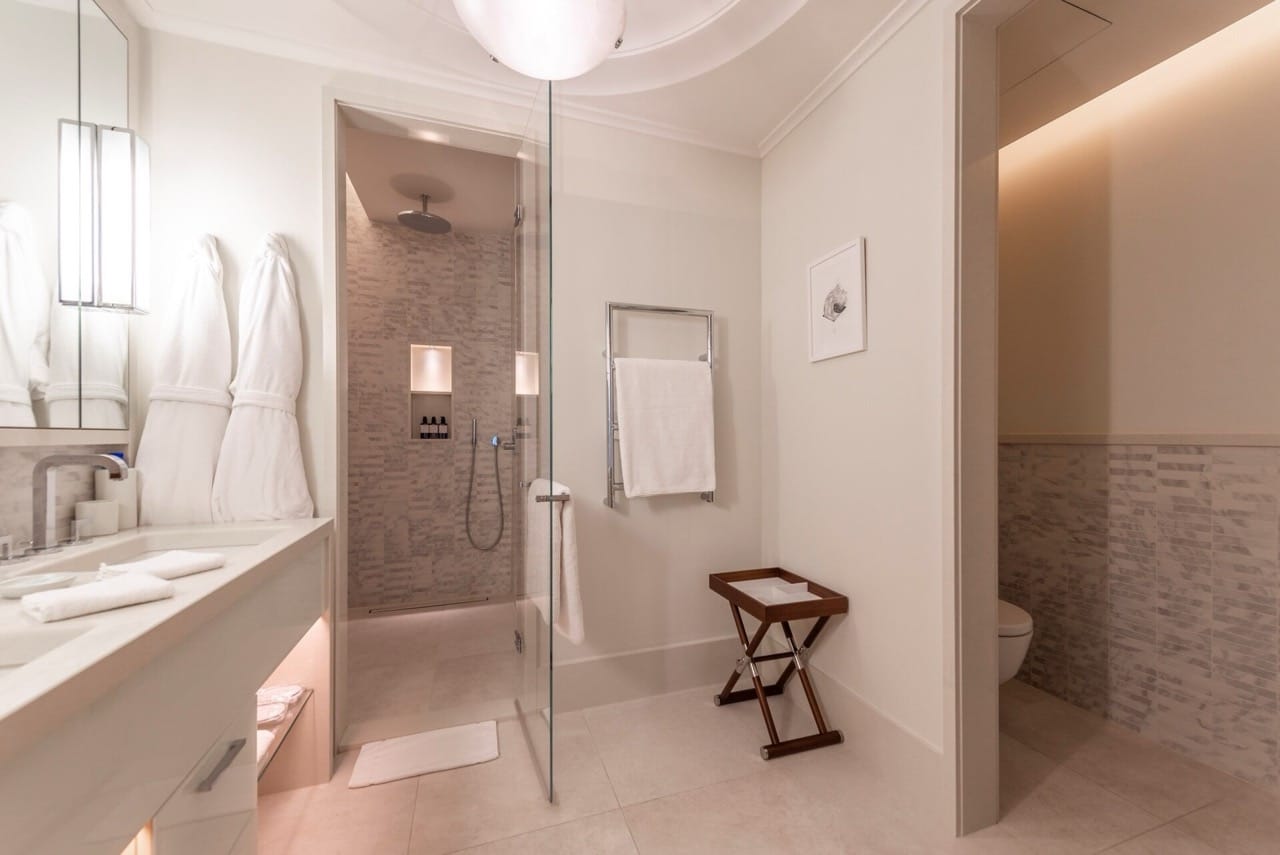 Modern bathroom in Porto Montenegro apartments, Tivat, Montenegro: shower cabin and stylish finishes.