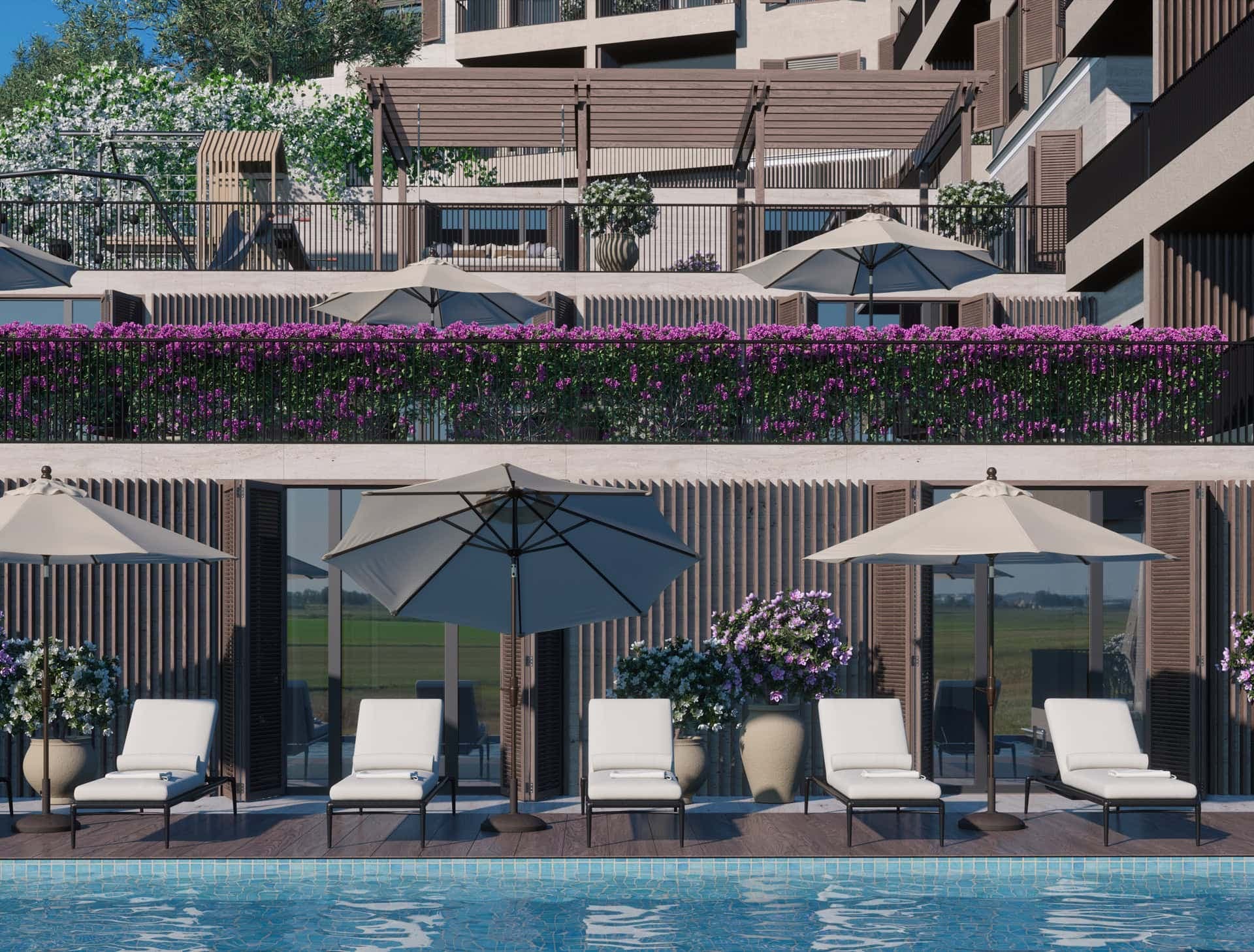 Терраса с бассейном и шезлонгами в жилом комплексе в Бечичи, Черногория: современная отделка, цветы и зона отдыха.